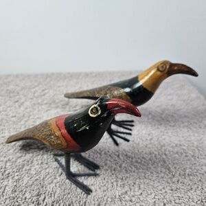 Handcrafted Wooden Bird Figurines - Red, Black, Brown